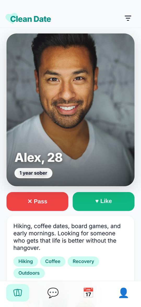 Clean Date Discover screen with a profile card